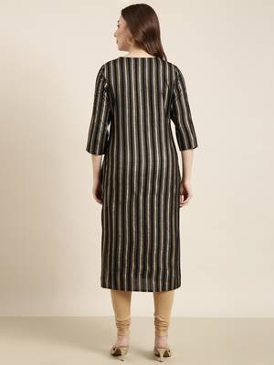 women's calf length round neck black striped straight kurta 4