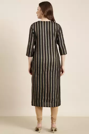 women's calf length round neck black striped straight kurta