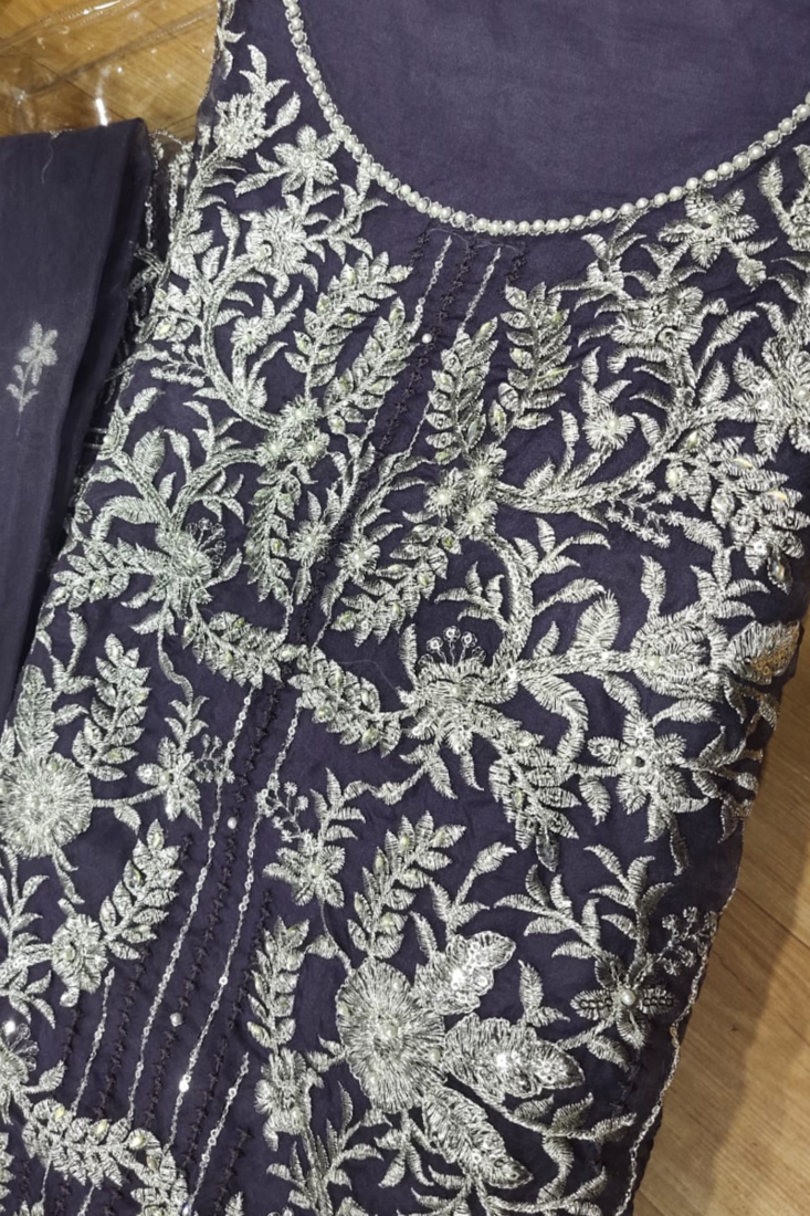 Purple embroidered organza semi stitched salwar suit