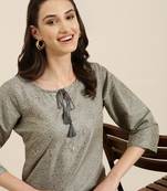 women's calf length tie-up neck beige woven design straight kurta