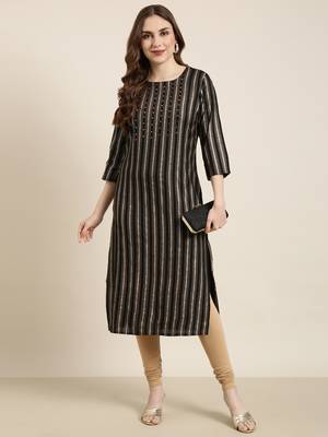 women's calf length round neck black striped straight kurta 5