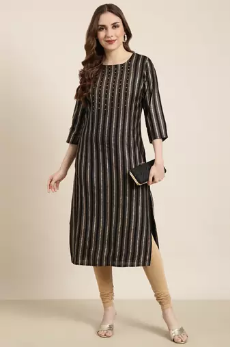 women's calf length round neck black striped straight kurta
