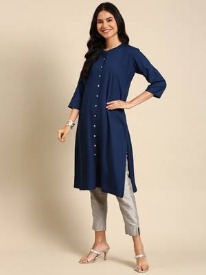women's calf length round neck teal solid straight kurta 4