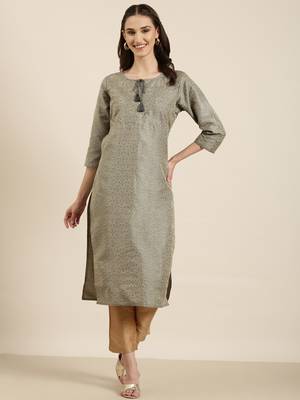 women's calf length tie-up neck beige woven design straight kurta 2