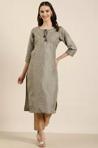 women's calf length tie-up neck beige woven design straight kurta