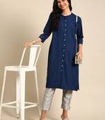 women's calf length round neck teal solid straight kurta