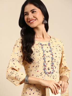women's calf length round neck beige abstract straight kurta 1