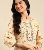 women's calf length round neck beige abstract straight kurta