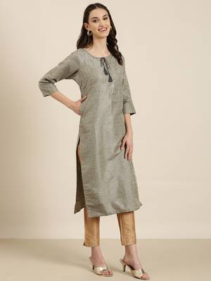 women's calf length tie-up neck beige woven design straight kurta 4