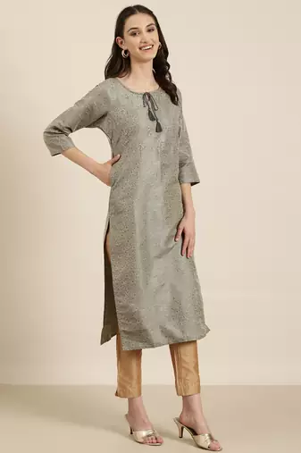 women's calf length tie-up neck beige woven design straight kurta