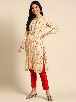 women's calf length round neck beige abstract straight kurta 3