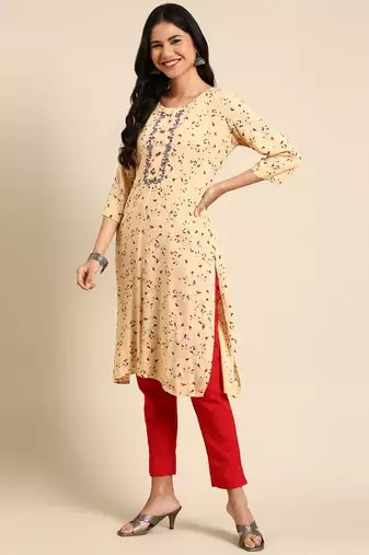 women's calf length round neck beige abstract straight kurta