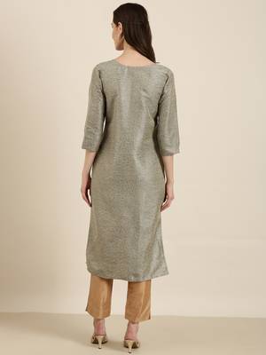 women's calf length tie-up neck beige woven design straight kurta 5