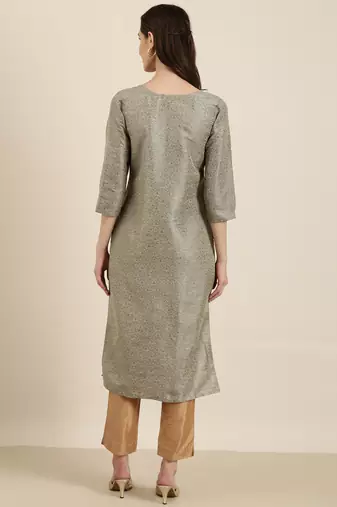 women's calf length tie-up neck beige woven design straight kurta