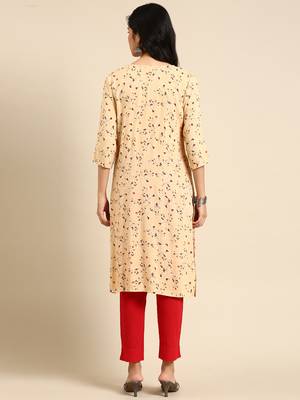 women's calf length round neck beige abstract straight kurta 4