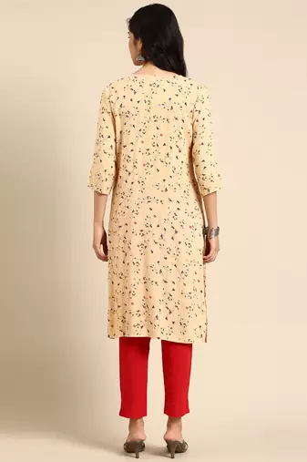 women's calf length round neck beige abstract straight kurta