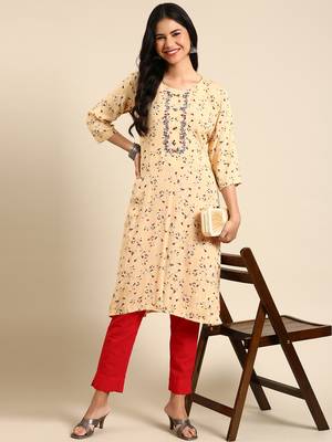 women's calf length round neck beige abstract straight kurta 5