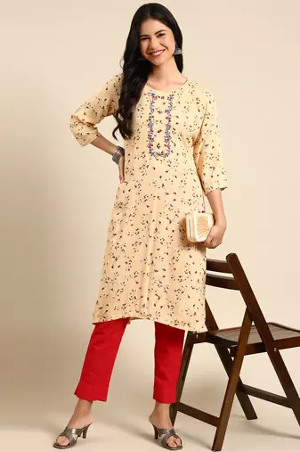 women's calf length round neck beige abstract straight kurta