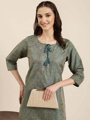 women's calf length tie-up neck teal woven design straight kurta 1