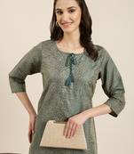 women's calf length tie-up neck teal woven design straight kurta