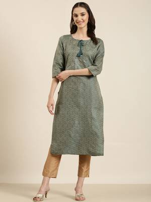 women's calf length tie-up neck teal woven design straight kurta 2
