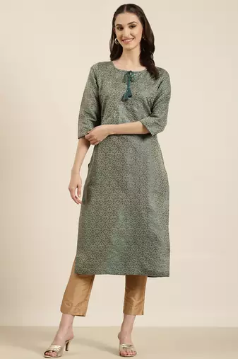 women's calf length tie-up neck teal woven design straight kurta