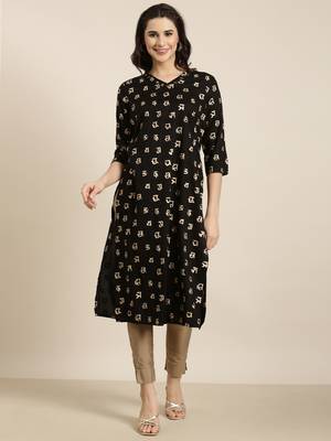 women's calf length v-neck black ethnic motifs straight kurta 2