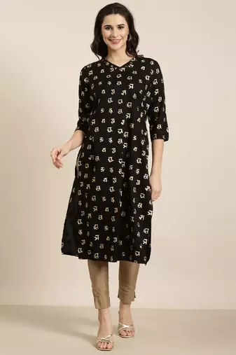 women's calf length v-neck black ethnic motifs straight kurta