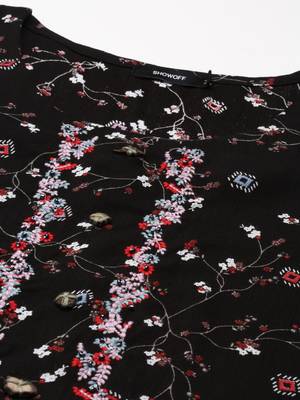 women's calf length round neck black abstract straight kurta 2