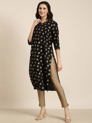 women's calf length v-neck black ethnic motifs straight kurta 3