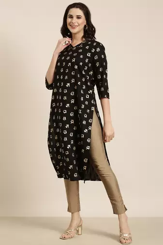 women's calf length v-neck black ethnic motifs straight kurta