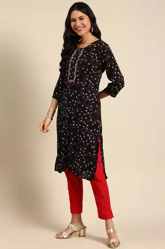 women's calf length round neck black abstract straight kurta