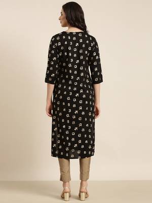 women's calf length v-neck black ethnic motifs straight kurta 4