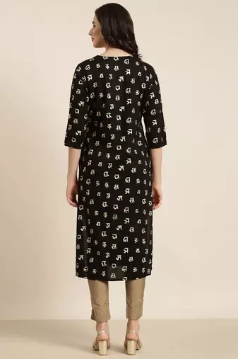 women's calf length v-neck black ethnic motifs straight kurta