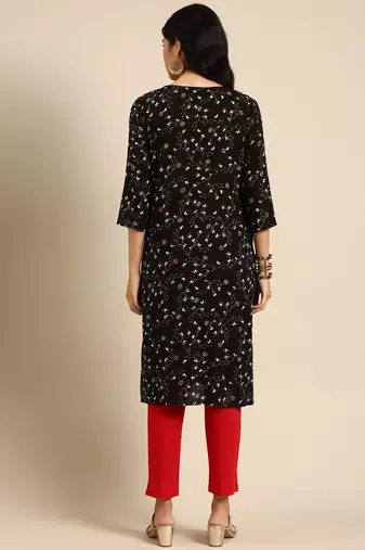 women's calf length round neck black abstract straight kurta