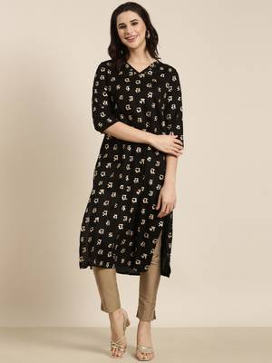 women's calf length v-neck black ethnic motifs straight kurta 5