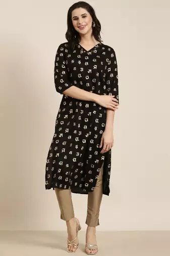 women's calf length v-neck black ethnic motifs straight kurta