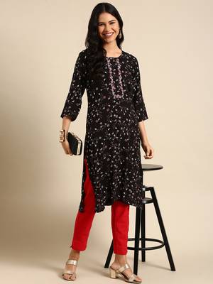 women's calf length round neck black abstract straight kurta 5