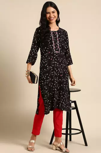 women's calf length round neck black abstract straight kurta