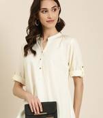 women's knee length mandarin collar cream solid straight kurta