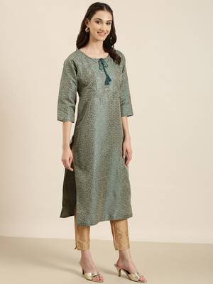 women's calf length tie-up neck teal woven design straight kurta 4