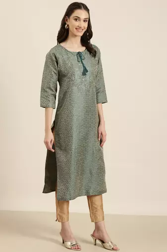 women's calf length tie-up neck teal woven design straight kurta