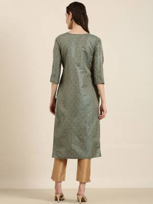 women's calf length tie-up neck teal woven design straight kurta 5