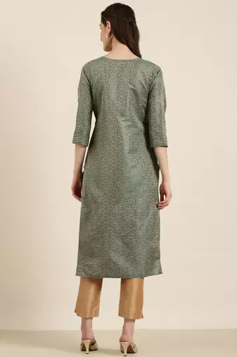 women's calf length tie-up neck teal woven design straight kurta
