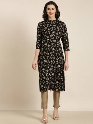 women's calf length mandarin collar black floral straight kurta 2