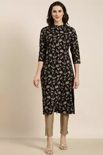women's calf length mandarin collar black floral straight kurta