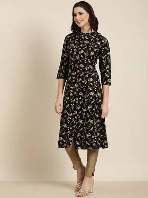 women's calf length mandarin collar black floral straight kurta 3