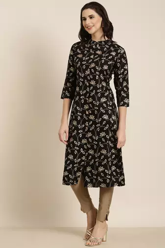 women's calf length mandarin collar black floral straight kurta