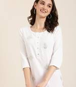 women's calf length round neck off white ethnic motifs straight kurta
