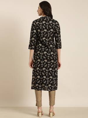 women's calf length mandarin collar black floral straight kurta 4